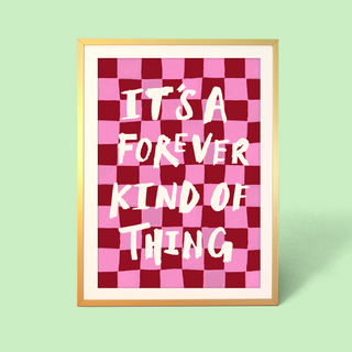 Eleanor Bowmer artwork with pink and red checkerboard and white text