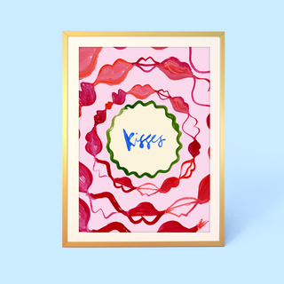 Eleanor Bowmer artwork with a pink and red abstract design and 'Kisses' text on a pink background