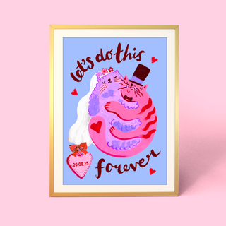 Eleanor Bowmer artwork with cartoon cats in wedding attire and text 'let's do this forever' on a blue background