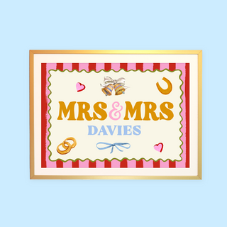 Decorative wedding artwork by Eleanor Bowmer with 'MRS & MRS ' on a striped background