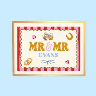 Decorative wedding artwork by Eleanor Bowmer with 'MR & MR' text on a striped background