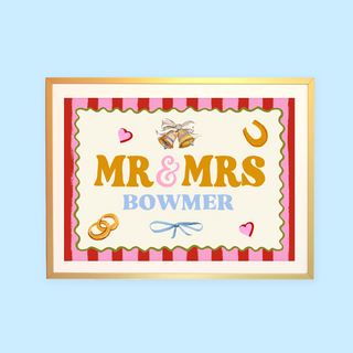 Decorative wedding wall art  by Eleanor Bowmer with 'MR & MRS' on a striped background