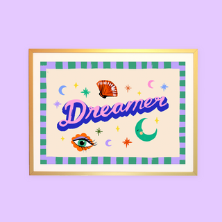 Eleanor Bowmer Art Print with Dreamer slogan and seashell, stars and moons.