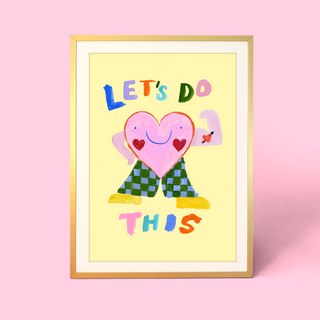 Eleanor Bowmer artwork with a heart character and colourful text on a yellow background