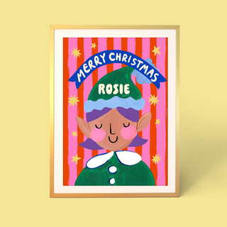 Green Christmas Elf Personalised Print