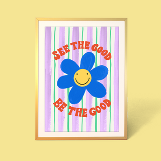 Eleanor Bowmer artwork with a blue flower and text on a striped background