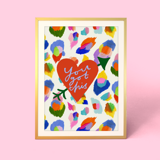 Eleanor Bowmer artwork with a colourful heart design and text on a leopard spot background